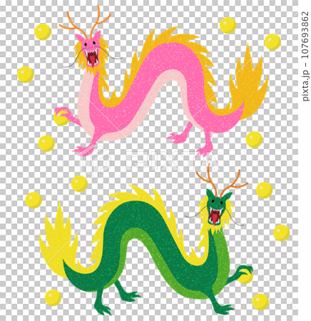 イラスト素材; ピンク色と緑色の2匹のかわいい龍のイラスト 107693862
