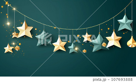 Christmas garland with golden and silver stars on blue background 107693888