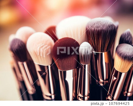 Assorted makeup brushes with copy space, beauty artist workspace, bunch of different brushes on blurred background Assorted makeup brushes with copy space, beauty artist workspace, bunch of different brushes on blurred background 107694425