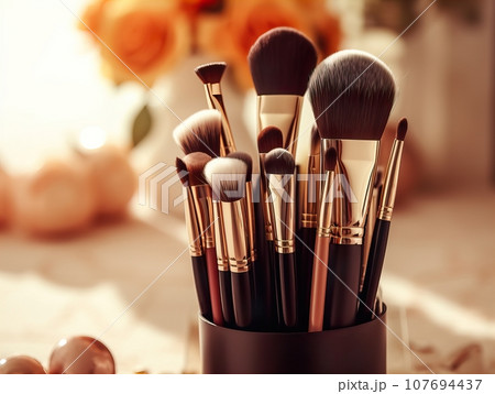 Assorted makeup brushes with copy space, beauty artist workspace, bunch of different brushes on blurred background 107694437
