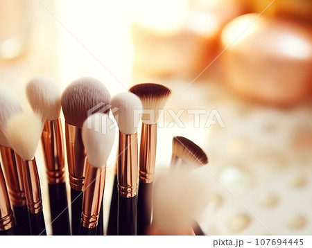 Assorted makeup brushes with copy space, beauty artist workspace, bunch of different brushes on blurred background 107694445