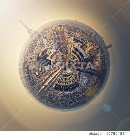 Aerial Paris as a mini planet in space. Sightseeing city panorama in shape o a globe with view to the Eiffel Tower, France. Parisian architecture and landmarks, romantic destination Aerial Paris as a mini planet in space. Sightseeing city panorama in shape o a globe with view to the Eiffel Tower, France. Parisian architecture and landmarks, romantic destination 107694884