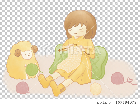 Girl and sheep knitting on the rug 107694978
