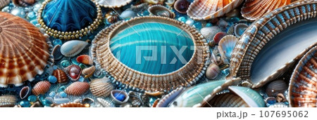 Ocean water and mollusk shells close up. Intricate seashells on seashore. Colorful summer vacation design elements. Various cockleshell for tropical cruise banner. AI 107695062