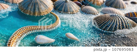 Ocean water and mollusk shells close up. Intricate seashells on seashore. Colorful summer vacation design elements. Various cockleshell for tropical cruise banner. AI Ocean water and mollusk shells close up. Intricate seashells on seashore. Colorful summer vacation design elements. Various cockleshell for tropical cruise banner. AI 107695063