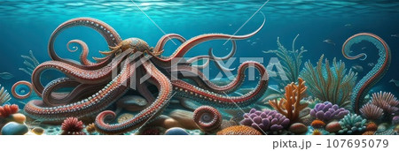 Fairy tale Octopus Under Sea Creatures Animals Octopus Natural Tentacle Giant Squid Swim Aquatic Life Water Plant Landscape Habitat Imitate Nature Underwater Fish Water Ocean Aquarium Marine. AI 107695079