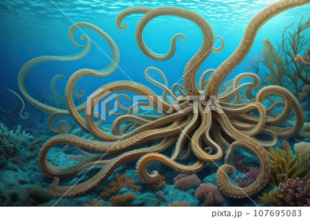 Fairy tale Magnificent octopus among the underwater picturesque landscape with marine life. Fictional sea creature. AI 107695083