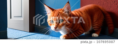 Red or orange domestic cat peeks out from around the blue corner of the room. Kitty cat is watching a person.. AI 107695087