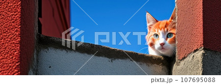 Red or orange domestic cat peeks out from around the blue corner of the room. Kitty cat is watching a person.. AI 107695088