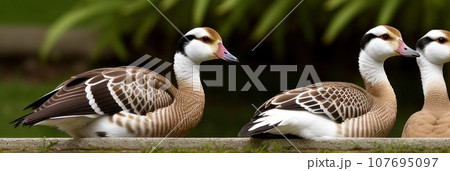 Portrait of group of white geese on a bright sunny vegetable background. Domestic goose, Anser cygnoides domesticus, in profile. Geese heads peeks out from behind. AI 107695097