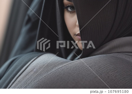 pretty young woman in hood. Fashion casual dress, AI 107695180