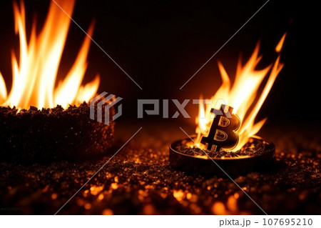 Bitcoin metal coin is burning with flame. Hot price or value and high exchange rate of crypto currency on market. Crisis and fall to lose investments due to financial risk. Money falls on ground, AI 107695210