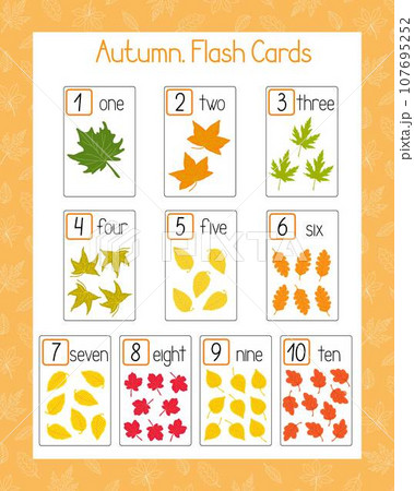 Autumn mushrooms, Thanksgiving English vocabulary learning printable flash cards, educational holiday worksheet for kids, nursery, kindergarten, pre-school or leisure activity, teacher resources, game 107695252