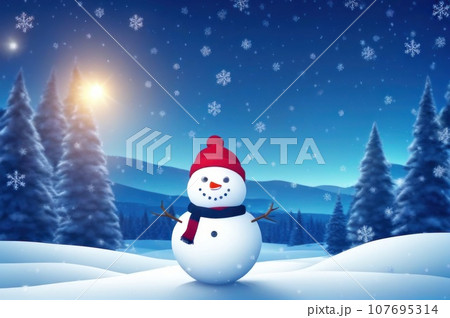 Merry christmas and happy new year greeting card with copy-space. Happy snowman standing in winter christmas landscape. Beautiful sky, sun, snowflakes, AI Merry christmas and happy new year greeting card with copy-space. Happy snowman standing in winter christmas landscape. Beautiful sky, sun, snowflakes, AI 107695314