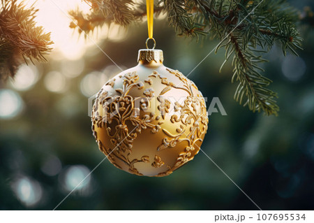 Golden decorative Christmas tree ball on a Christmas tree. Generative AI 107695534