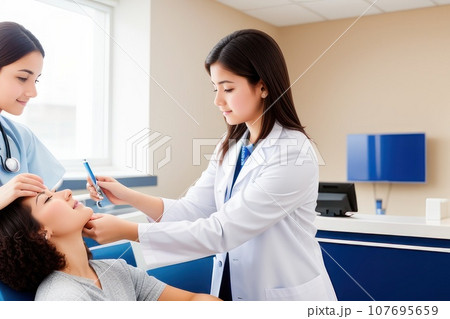 medical specialist conducts the patient reception in the hospital. adolescent athletic girl with short hairs take consult from medical . Healthcare and wellness concept., AI 107695659