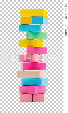 Colorful blocks stacked high in a tower, ready to topple isolated Colorful blocks stacked high in a tower, ready to topple isolated 107695719