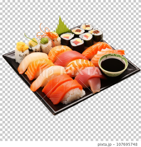 Sushi platter: Assorted sushi rolls and sashimi on a platter. isolated Sushi platter: Assorted sushi rolls and sashimi on a platter. isolated 107695748