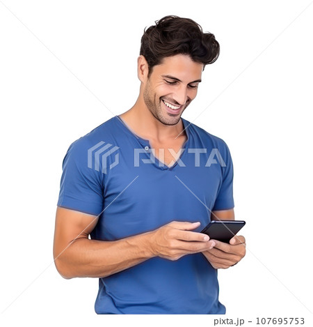 Handsome business man in blue t-shirt woth mobile phone isolated 107695753