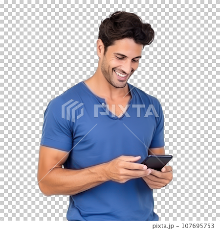 Handsome business man in blue t-shirt woth mobile phone isolated Handsome business man in blue t-shirt woth mobile phone isolated 107695753