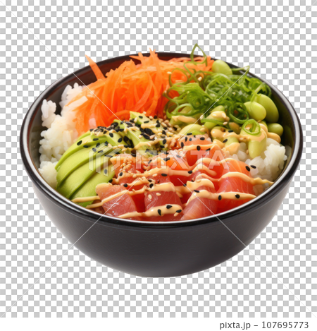 Poke bowl: Raw fish over rice, topped with veggies and sauce. isolated 107695773