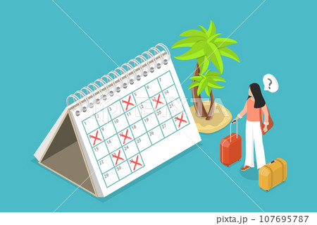 3D Isometric Flat Vector Conceptual Illustration of Holiday or Vacation Calendar 3D Isometric Flat Vector Conceptual Illustration of Holiday or Vacation Calendar 107695787