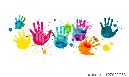 Colorful handprints on white background Colorful handprints on white background 107695788