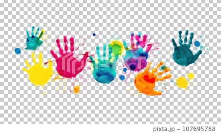 Colorful handprints on white background Colorful handprints on white background 107695788