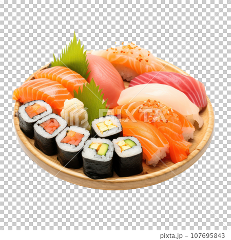 Sushi platter: Assorted sushi rolls and sashimi on a platter. isolated Sushi platter: Assorted sushi rolls and sashimi on a platter. isolated 107695843