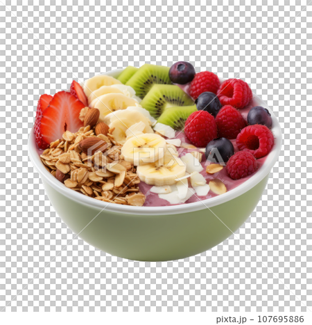 Smoothie bowl: Thick smoothie topped with fruit, granola, and nuts. isolated Smoothie bowl: Thick smoothie topped with fruit, granola, and nuts. isolated 107695886