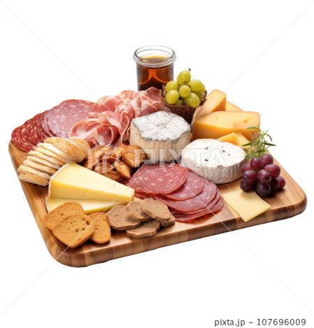 Charcuterie board: Assorted meats, cheeses, and crackers arranged artfully. isolated Charcuterie board: Assorted meats, cheeses, and crackers arranged artfully. isolated 107696009