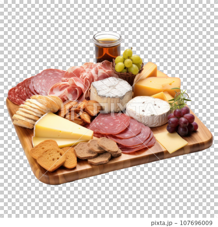 Charcuterie board: Assorted meats, cheeses, and crackers arranged artfully. isolated Charcuterie board: Assorted meats, cheeses, and crackers arranged artfully. isolated 107696009