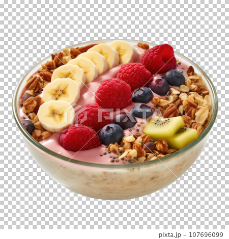 Smoothie bowl: Thick smoothie topped with fruit, granola, and nuts. isolated Smoothie bowl: Thick smoothie topped with fruit, granola, and nuts. isolated 107696099