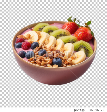 Smoothie bowl: Thick smoothie topped with fruit, granola, and nuts. isolated Smoothie bowl: Thick smoothie topped with fruit, granola, and nuts. isolated 107696175