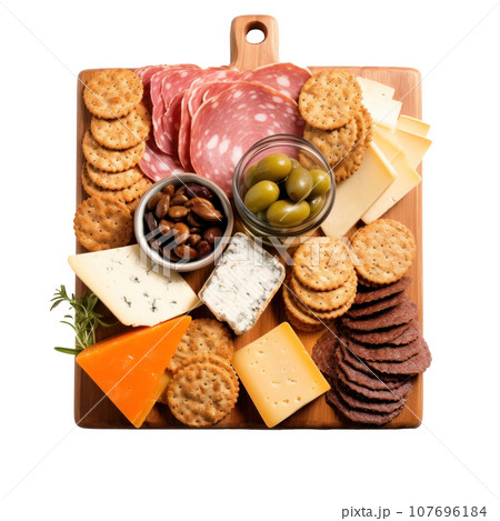 Charcuterie board: Assorted meats, cheeses, and crackers arranged artfully. isolated 107696184