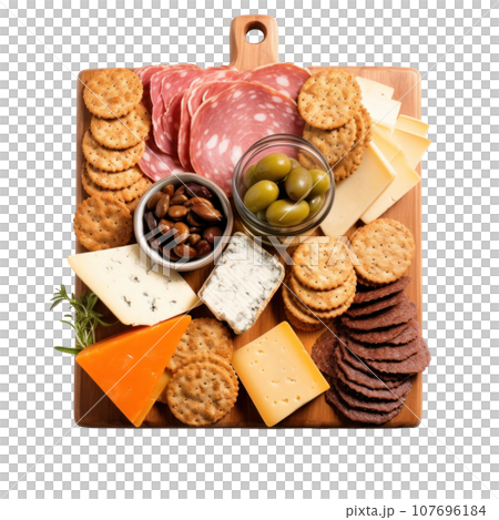 Charcuterie board: Assorted meats, cheeses, and crackers arranged artfully. isolated 107696184