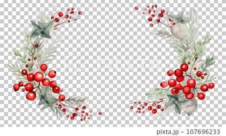 Festive watercolor Christmas wreath with red berries and a frame. Festive watercolor Christmas wreath with red berries and a frame. 107696233