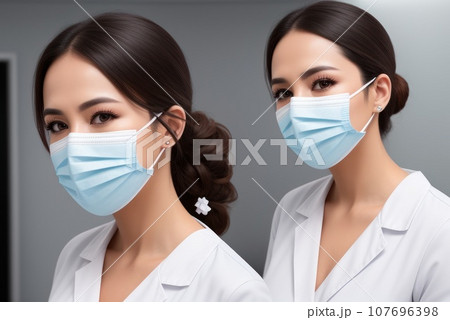 Medical nurse or Doctor and Health Care, Portrait of medical specialist in mask in Examination Room. Medicine Female Doctors Wearing Face Mask and Cap for Patients Surgery Work. Medic Hospital. AI 107696398