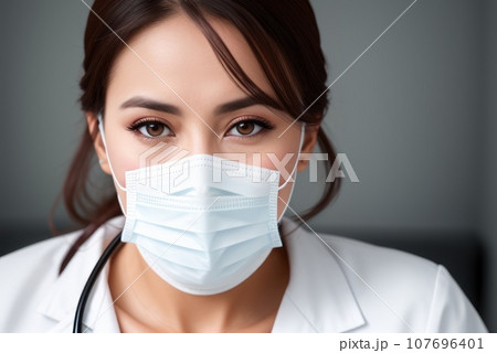 Medical nurse or Doctor and Health Care, Portrait of medical specialist in mask in Examination Room. Medicine Female Doctors Wearing Face Mask and Cap for Patients Surgery Work. Medic Hospital. AI 107696401