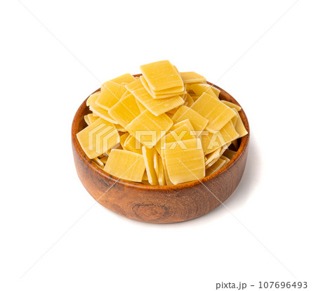 Small Square Pasta, Quadrucci Raw Pasta, Flat Dry Macaroni, Mediterranean Cuisine, Soup Ingredient 107696493