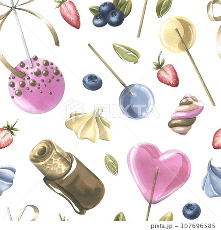 Cakes with brownies, donuts, marshmallows, lollipops, strawberries and blueberries. Watercolor illustration hand drawn. Seamless pattern on a white background. Cakes with brownies, donuts, marshmallows, lollipops, strawberries and blueberries. Watercolor illustration hand drawn. Seamless pattern on a white background. 107696585