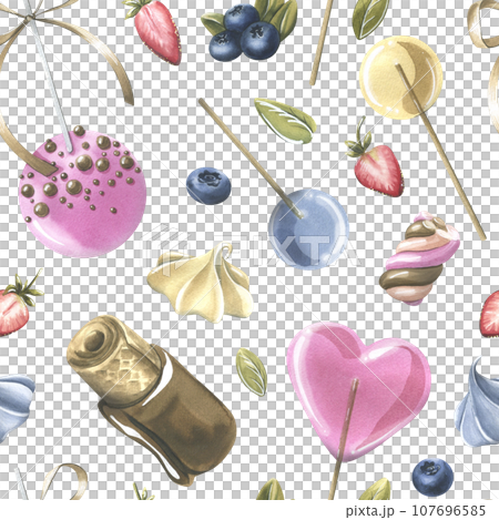 Cakes with brownies, donuts, marshmallows, lollipops, strawberries and blueberries. Watercolor illustration hand drawn. Seamless pattern on a white background. Cakes with brownies, donuts, marshmallows, lollipops, strawberries and blueberries. Watercolor illustration hand drawn. Seamless pattern on a white background. 107696585