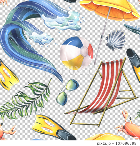 Sun loungers, inflatable toys, sun umbrella, tropical palm leaves. Watercolor illustration, hand drawn for cards, posters, beach and summer. Seamless pattern on a white background. 107696599