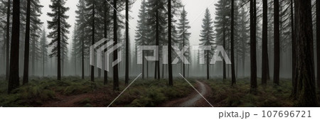 Beautiful pine and fir forest with thick layer of green moss covering the forest floor. Scenic view foggy autumn or summer morning land background. Magical Deep foggy Misty Old Forest. AI 107696721