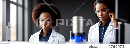 Medical Science Laboratory: Portrait of Beautiful Black Scientist Does Analysis of Test Sample. Ambitious Young Biotechnology Specialist, working with Advanced Equipment. AI Medical Science Laboratory: Portrait of Beautiful Black Scientist Does Analysis of Test Sample. Ambitious Young Biotechnology Specialist, working with Advanced Equipment. AI 107696754