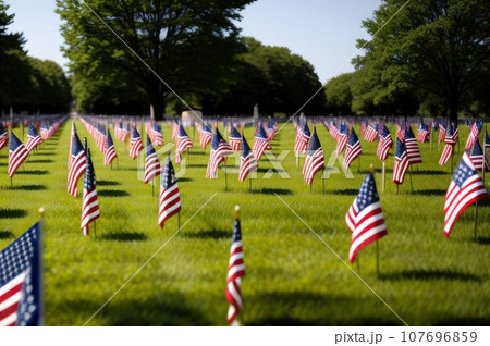 Flags on grave stones for memorial day remembrance at a cemetery. View of row of headstones with American flags. Flags on tombs of American Veterans. AI Flags on grave stones for memorial day remembrance at a cemetery. View of row of headstones with American flags. Flags on tombs of American Veterans. AI 107696859