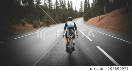 Handsome man in professional sports outfit trains on a bicycle outside the city in the woods on an asphalt road. Professional road cyclist riding down wet and windy mountain road in forest. AI Handsome man in professional sports outfit trains on a bicycle outside the city in the woods on an asphalt road. Professional road cyclist riding down wet and windy mountain road in forest. AI 107696971