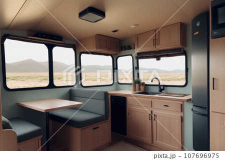 Interior of travel camping van or camper RV with stove and sink. Vanlife lifestyle vibes, cooking on campsite during road trip with amazing view of mountains. Life on the road in converted van. AI Interior of travel camping van or camper RV with stove and sink. Vanlife lifestyle vibes, cooking on campsite during road trip with amazing view of mountains. Life on the road in converted van. AI 107696975