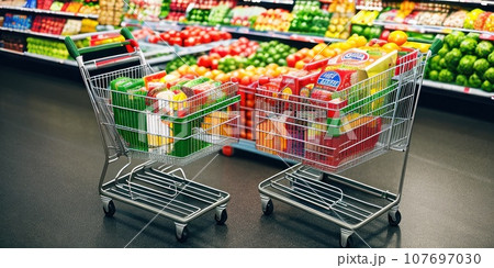 Supermarket shopping cart with groceries in grocery store with shelves in dark background. Full of groceries shopping cart inside a mall. AI 107697030