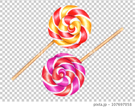 Spiral lollipops, circle candies. Bonbons with striped swirls, sugar caramel on stick. Watercolor illustration. Delicious ornament for stationery, candy shop, store Spiral lollipops, circle candies. Bonbons with striped swirls, sugar caramel on stick. Watercolor illustration. Delicious ornament for stationery, candy shop, store 107697058